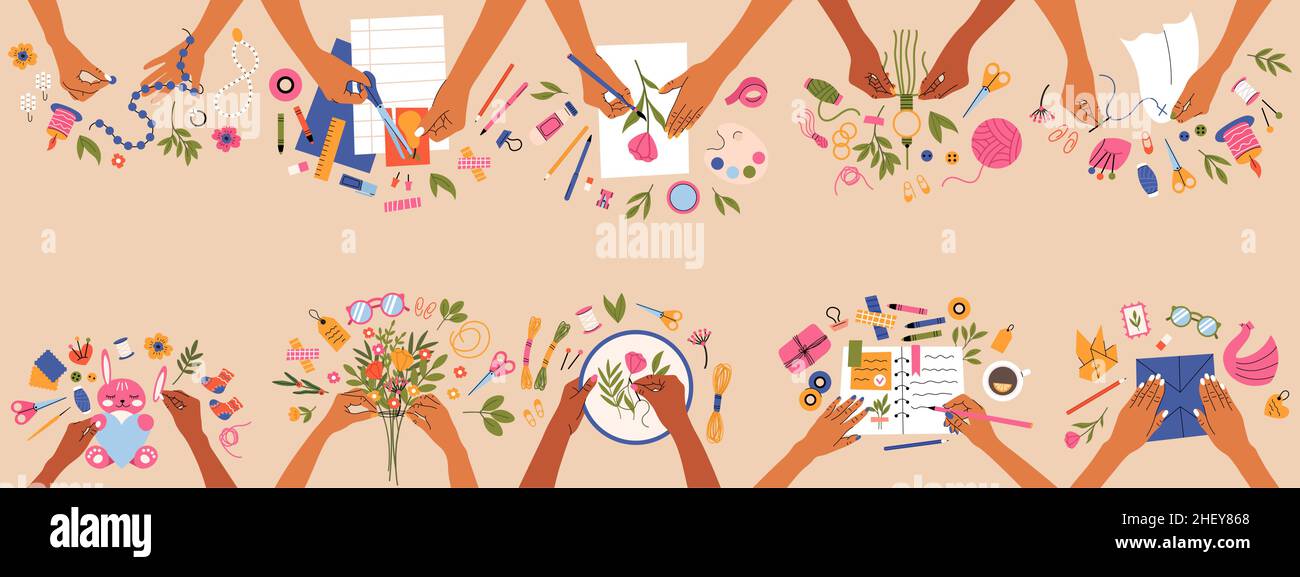 Laboratori creativi artigianato, hobby e arte fatti a mano. Laboratori artigianali fatti a mano, scrapbooking, origami e cucire vettore illustrazione set. Mani femminili Illustrazione Vettoriale