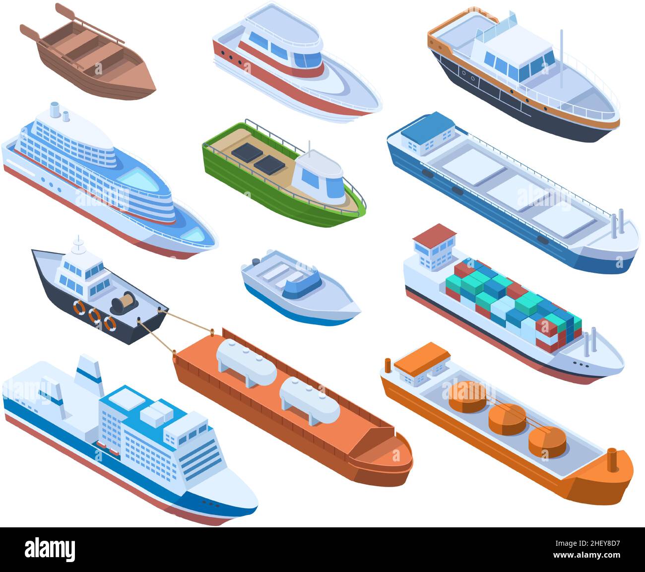 Passeggeri isometrici, navi da carico, imbarcazioni commerciali e a vela. Trasporto d'acqua, nave, nave da crociera e navi passeggeri Set di illustrazioni vettoriali Illustrazione Vettoriale
