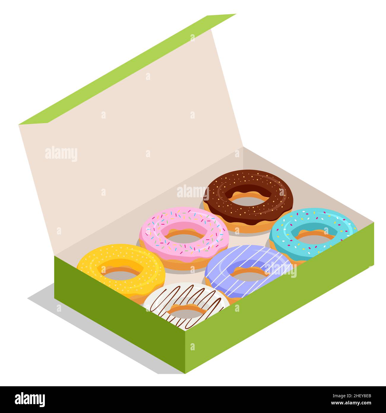 Ciambelle isometriche con smalto multicolore in scatola di carta. Ciambelle dolci a velo con diversi tipi, come zucchero, cioccolato o acero Illustrazione Vettoriale