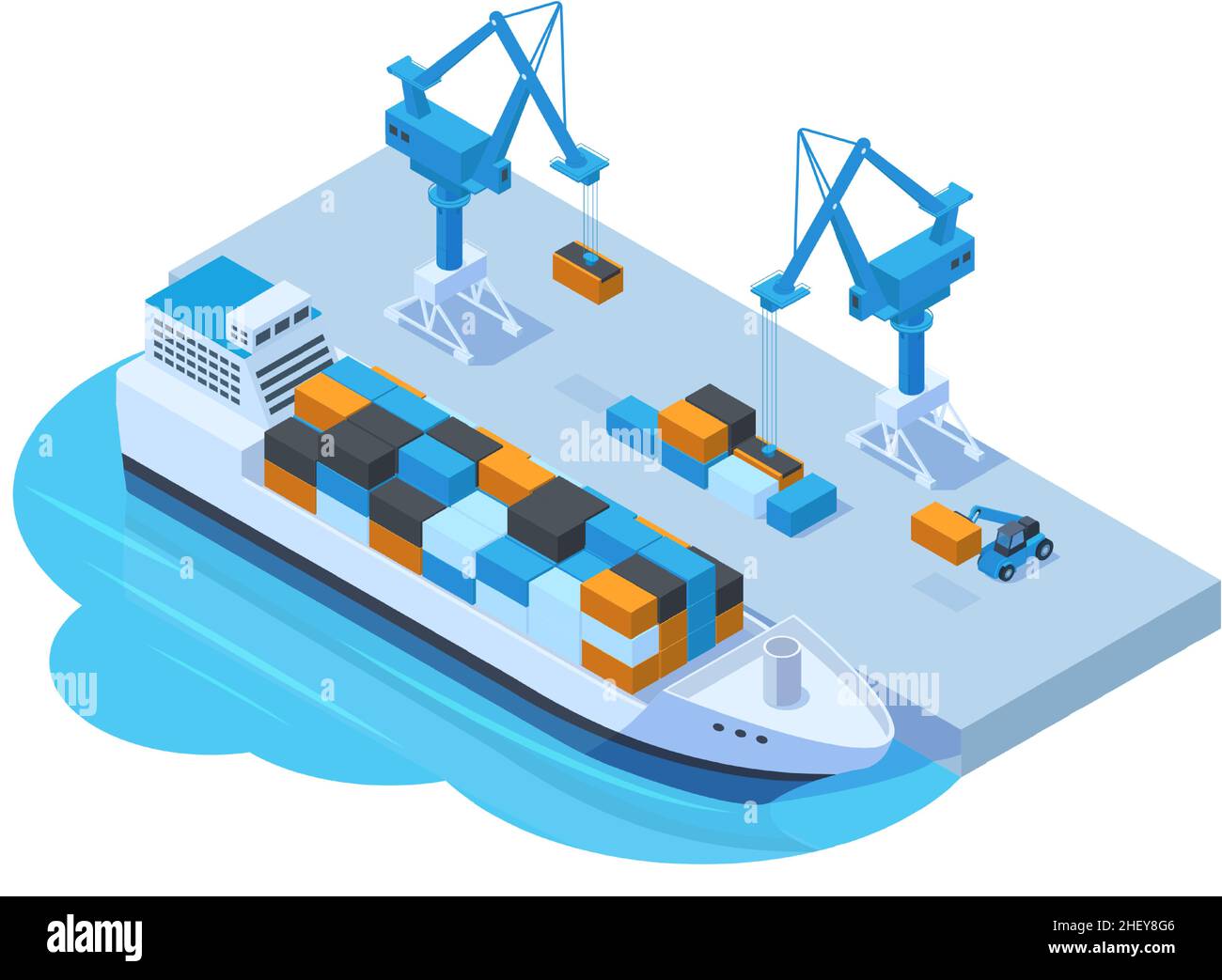 Servizio di trasporto isometrico marittimo, chiatta per navi da carico, container e gru. Trasporto marittimo di acqua concetto di porto vettore illustrazione. Carico della barca Illustrazione Vettoriale