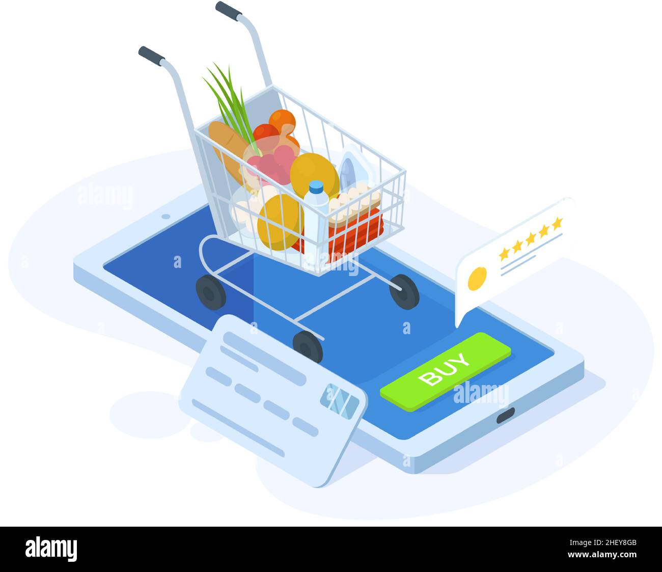 Acquisto di generi alimentari online isometrici, concetto di app per gli ordini di prodotti alimentari. Applicazione online del negozio di alimentari, immagine vettoriale della schermata acquisti di cibo. Supermercato Illustrazione Vettoriale