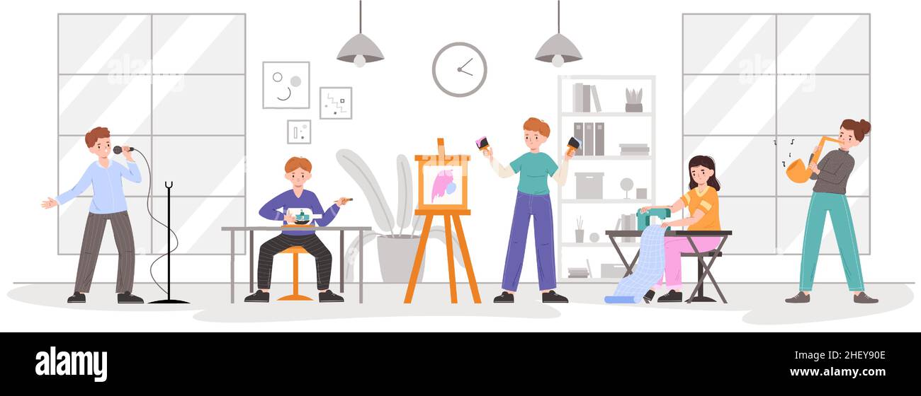 Persone con arte, artigianato, hobby creativi nello spazio di co-lavoro. Lavoratori creativi nel centro di coworking, musicisti e illustrazione vettoriale di artisti Illustrazione Vettoriale