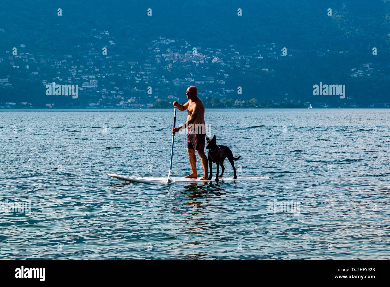 Un uomo che indossa pantaloni da nuoto, accompagnato da un cane nero, è in risata sul Lago maggiore. Foto Stock