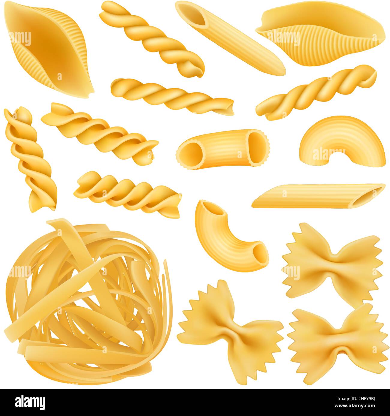 Pasta italiana realistica, fettuccine secche, farfalle e penne. Set di illustrazione vettoriale isolato per macaroni 3D grezzi italiani. Diverse forme di pasta Illustrazione Vettoriale