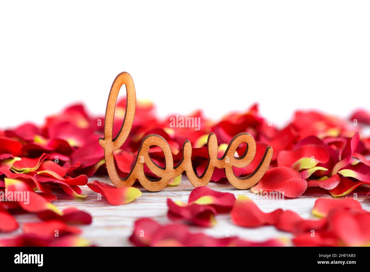 La parola 'Love'su uno sfondo di petali di rosa rossa con spazio per le vostre congratulazioni Foto Stock