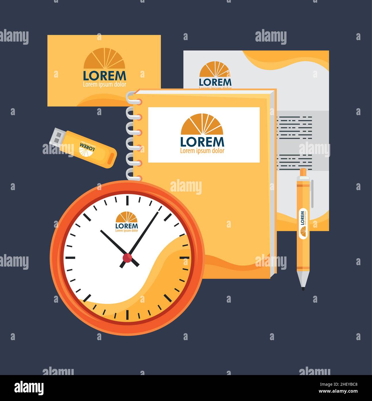 orologio e cartoleria mockup icone Illustrazione Vettoriale