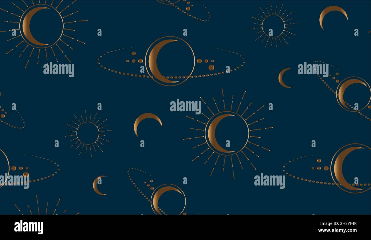 oro spazio senza giunture geometria sacra mistica. Luna, sole, stelle, orbite. Crescent Luna magica pagana Wicca dea simbolo. Alchimia, esoterica, occultismo. Illustrazione Vettoriale