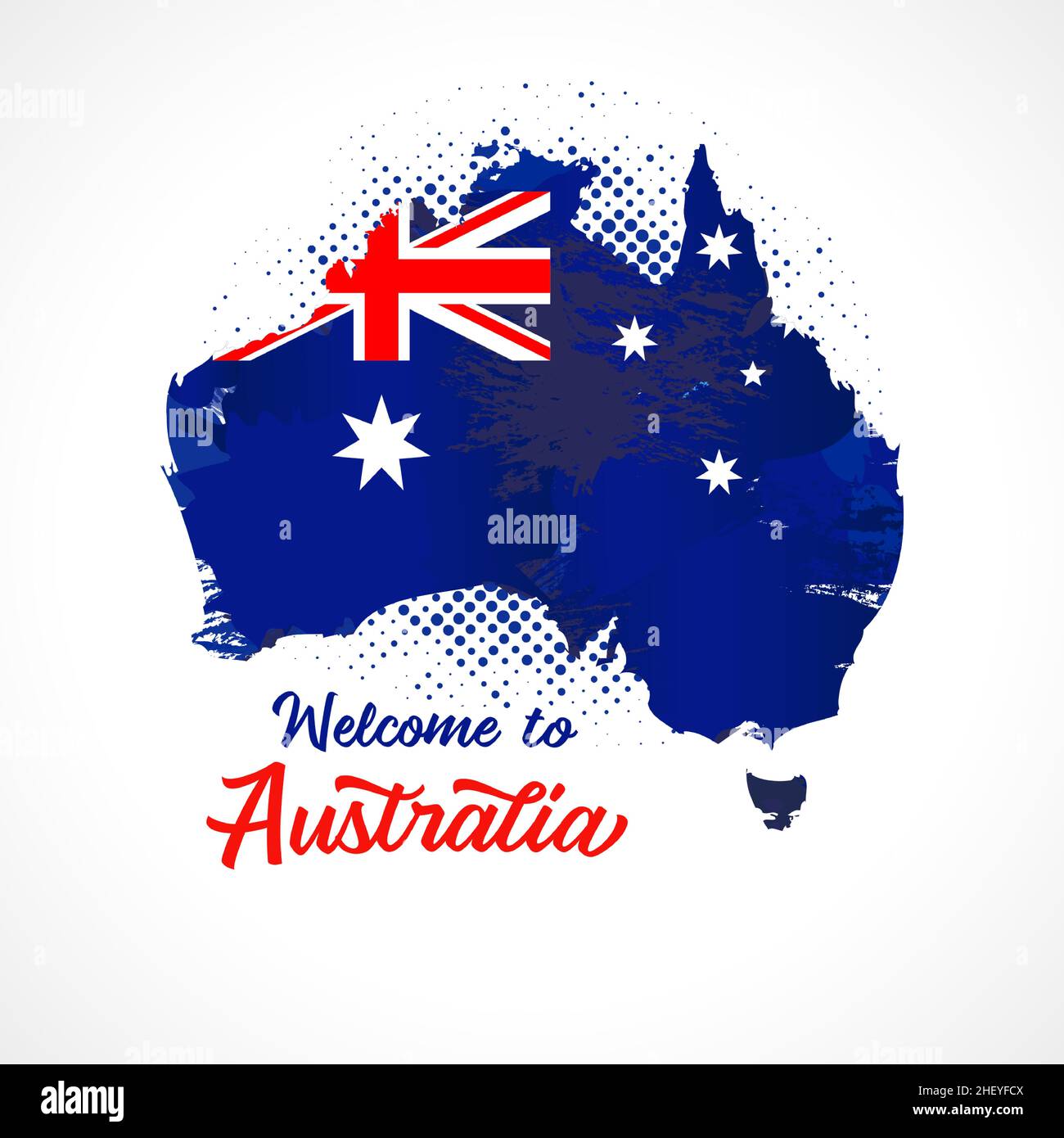 Simbolo, poster, banner Benvenuti in Australia. Mappa dell'Australia con la decorazione della bandiera nazionale. Disegno ad acquerello di stile. Illustrazione vettoriale Illustrazione Vettoriale