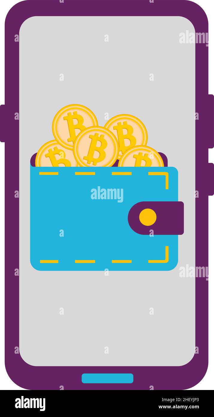 Portafoglio con monete in oro bitcoin, sullo schermo del telefono. Vettore associato alla criptovaluta. Illustrazione vettoriale piatta su sfondo bianco. Illustrazione Vettoriale