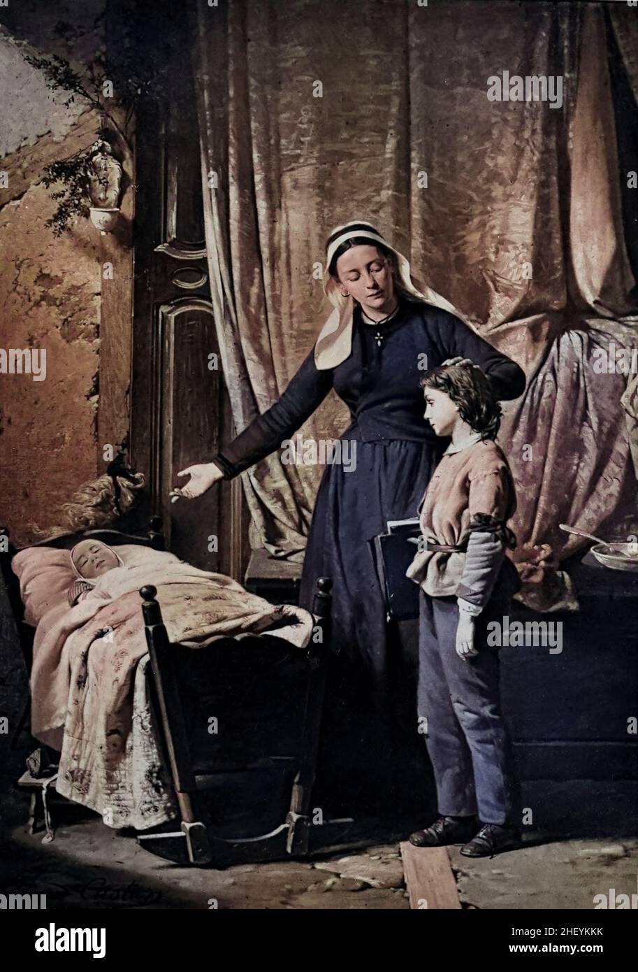 Macchina colorata Madre e Bambini primo fotografia incisione e stampe catalogo. Francia 1881 Foto Stock