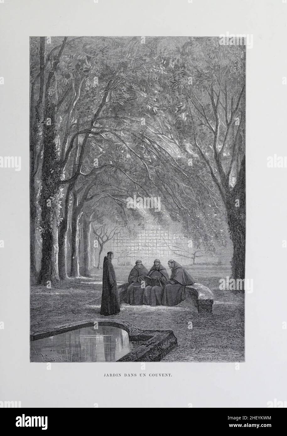 Monaci in giardino in un Convento incisione e stampe catalogo. Francia 1881 Foto Stock