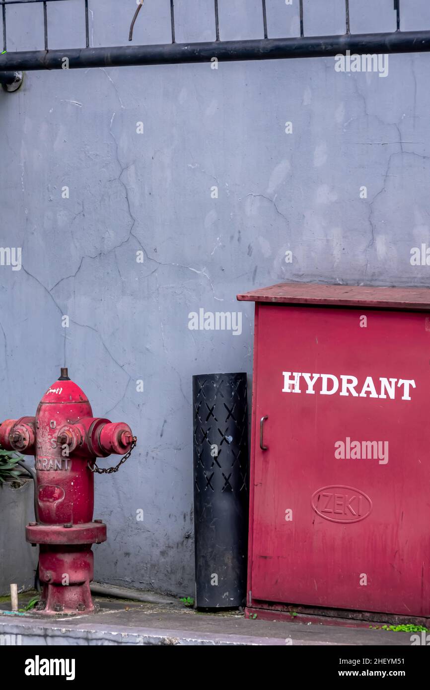 Rosso brillante isolato idrante fuoco si trova accanto a una parete grigia all'angolo della strada della città Foto Stock