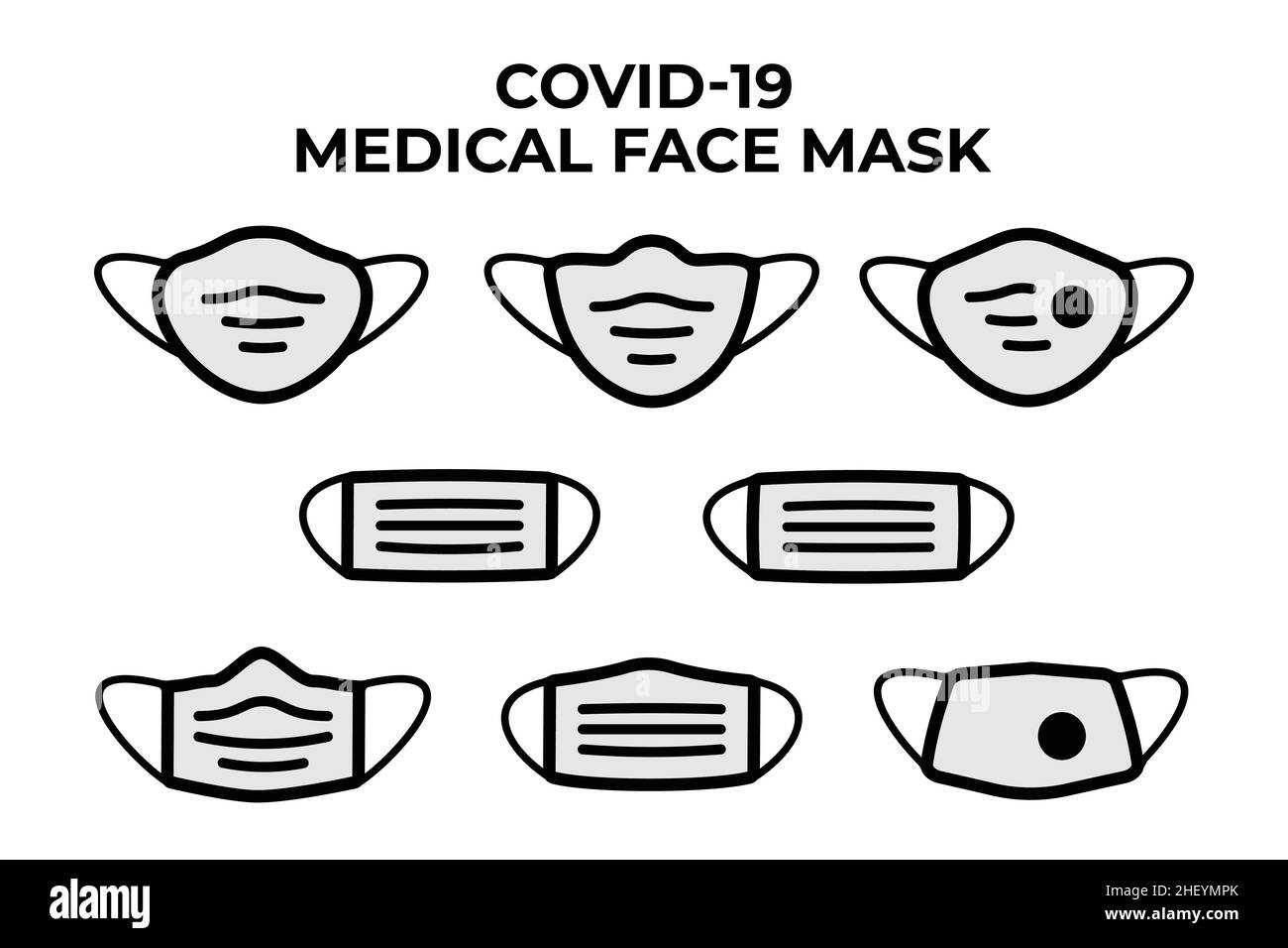 Maschera protettiva per la prevenzione del virus corona o dell'inquinamento. Collezione di icone della maschera facciale Covid-19. Vettore e illustrazione. Illustrazione Vettoriale