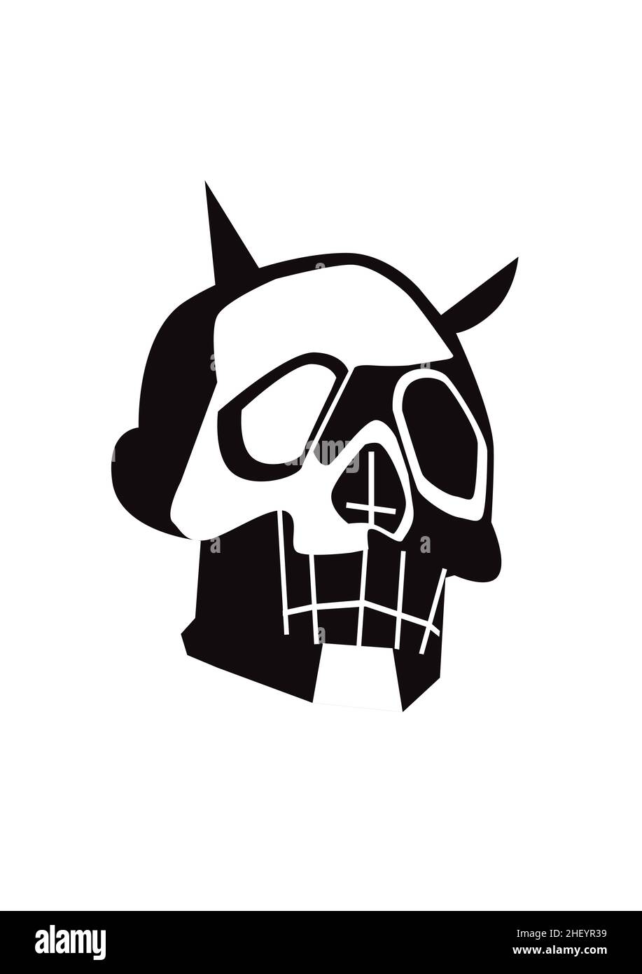Icona del cranio in bianco e nero con corna e croce invertita, illustrazione vettoriale Foto Stock