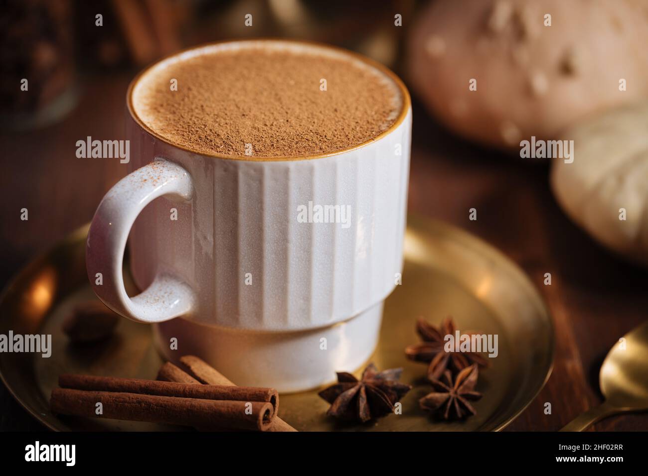 Tazza di spezia di zucca tardiva o di eggnog con bastoncini di cannella, anice stellato di zucche e noce moscata in un ambiente rustico e vintage Foto Stock