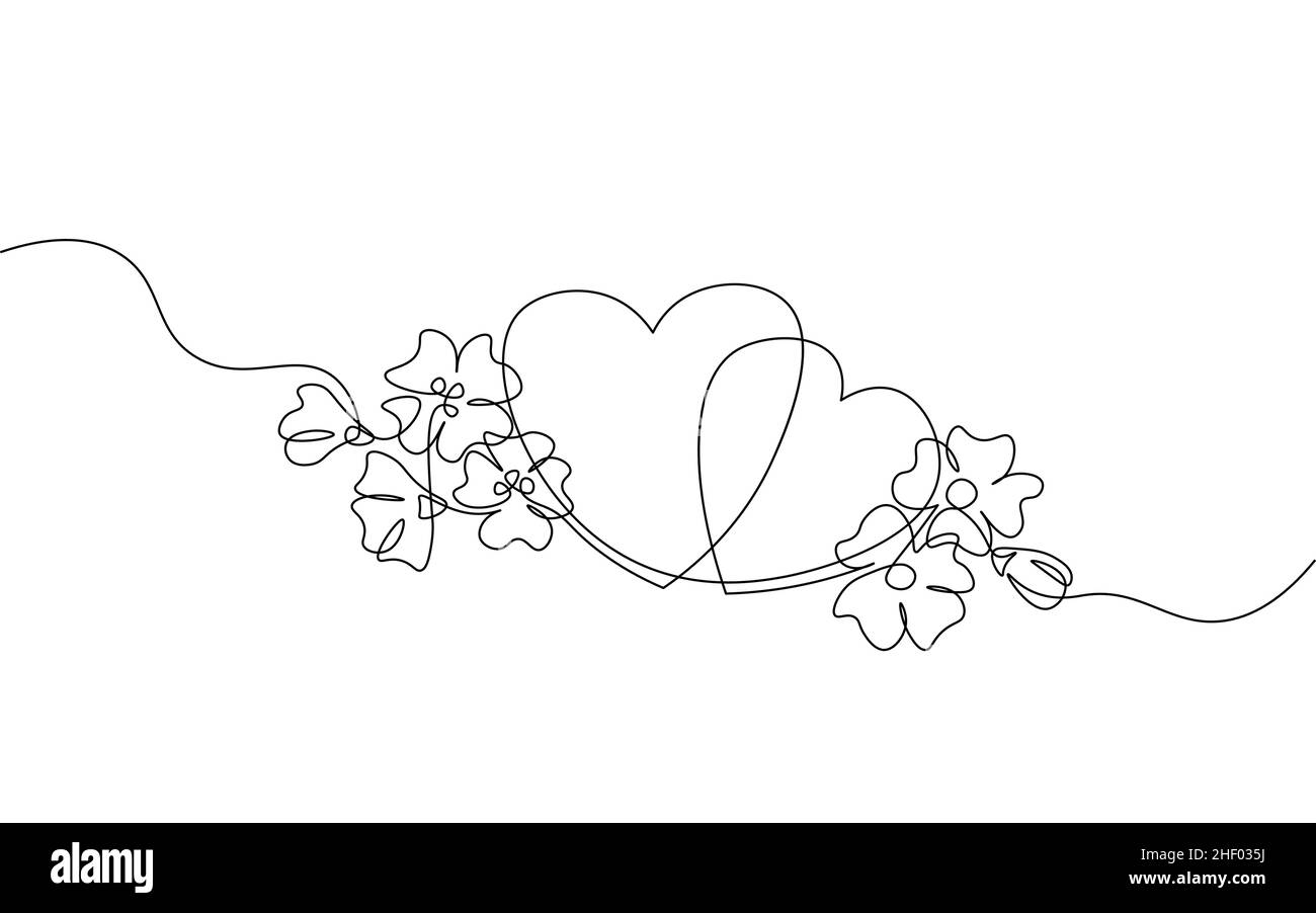 Due cuori amore romantica singola linea continua art. La passione di heartbeat data rapporto giovane silhouette concept design di uno schizzo schizzo Illustrazione Vettoriale