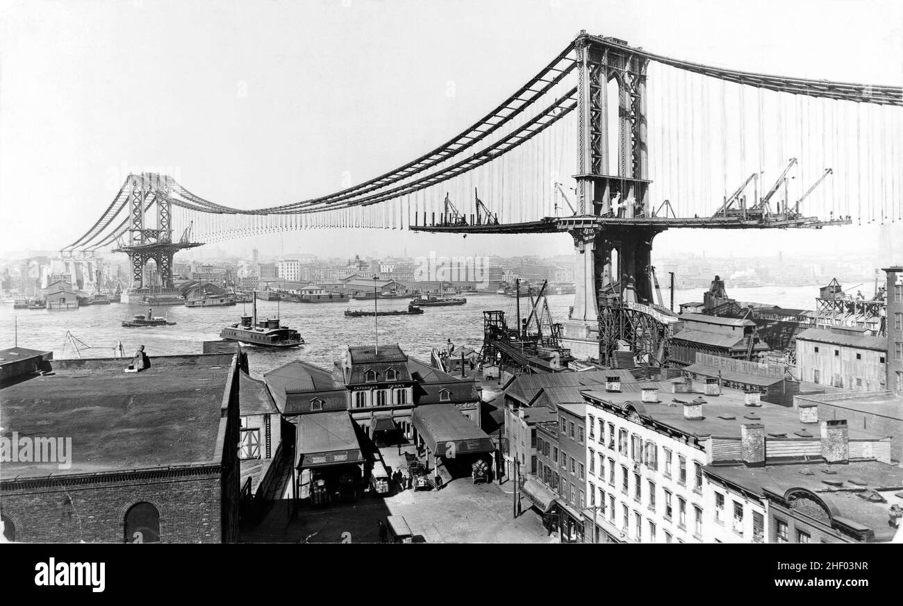 Manhattan Bridge Construction 1909. Foto d'epoca di New York. Foto Stock