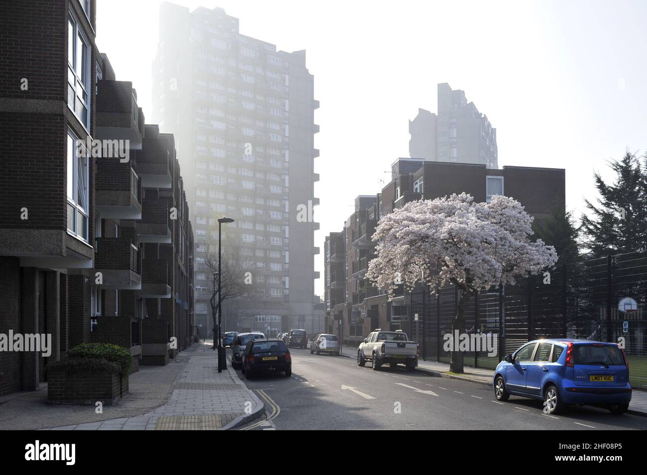 Hurley House (Cotton Garden Estate) torri residenziali costruite negli anni '60, mattinata di primavera a Kennington London UK. Foto Stock