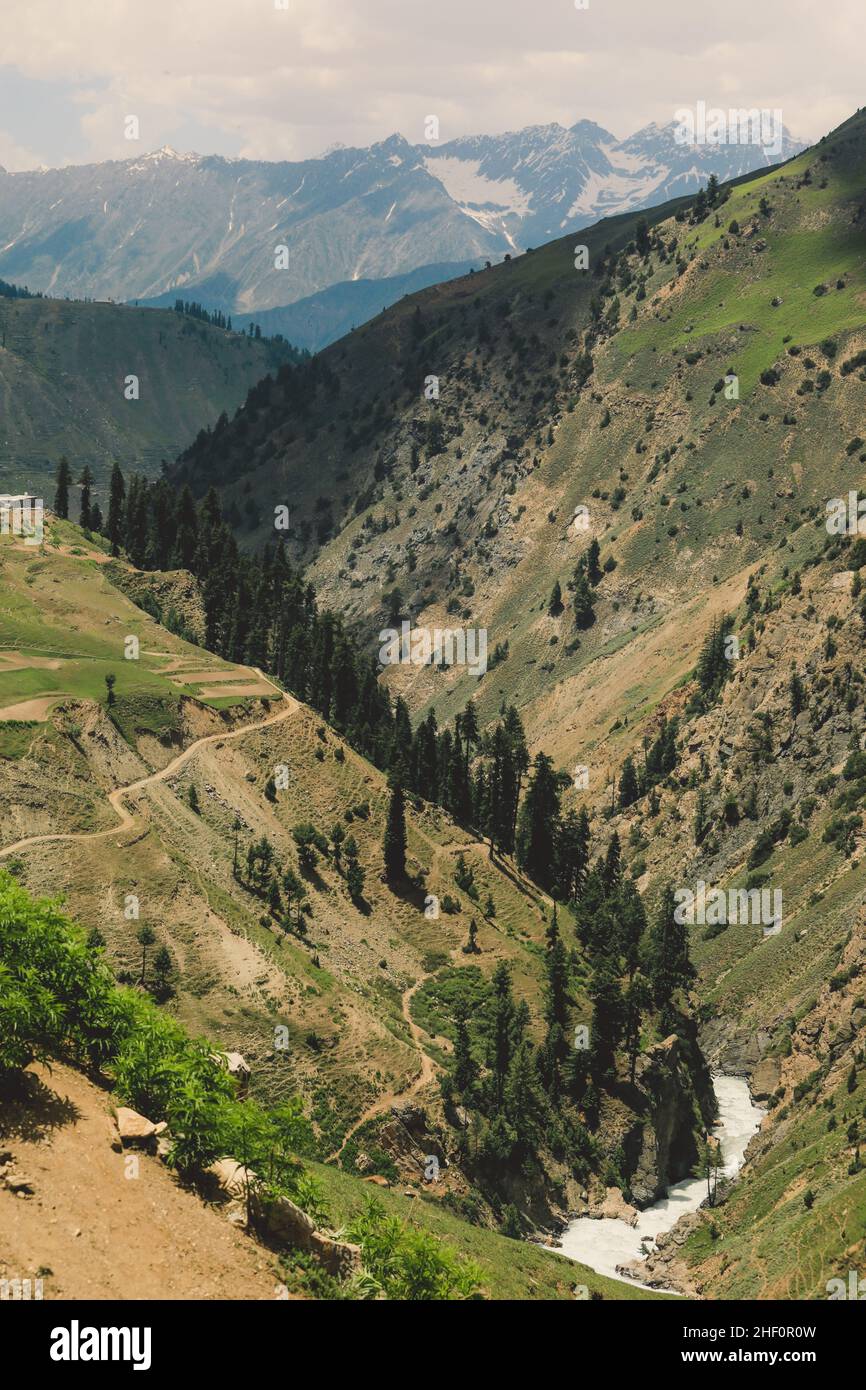 Splendida vista sulla gola delle Highland pakistane con il fiume di montagna a Gilgit Baltistan Foto Stock