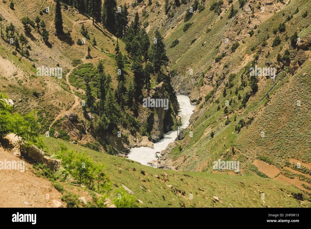 Splendida vista sulla gola delle Highland pakistane con il fiume di montagna a Gilgit Baltistan Foto Stock