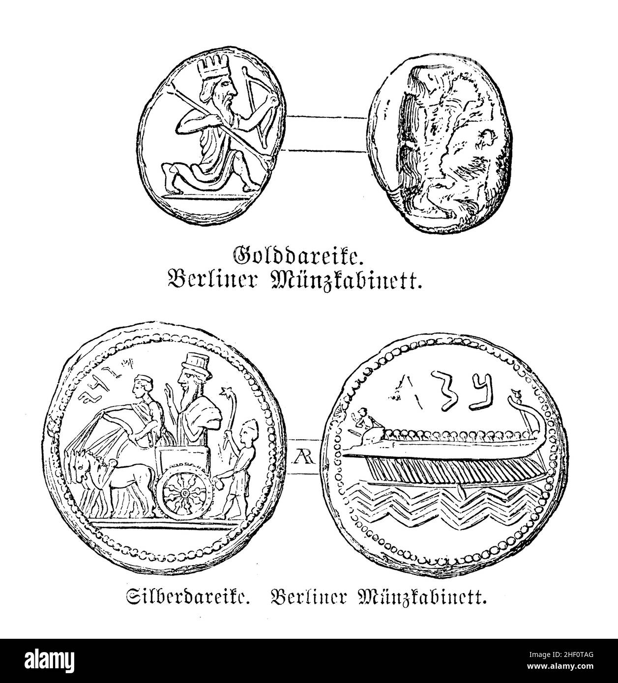 Daric con Re che corre con lance e arco, moneta d'oro persiana (4th secolo a.C.) e darico d'argento Foto Stock