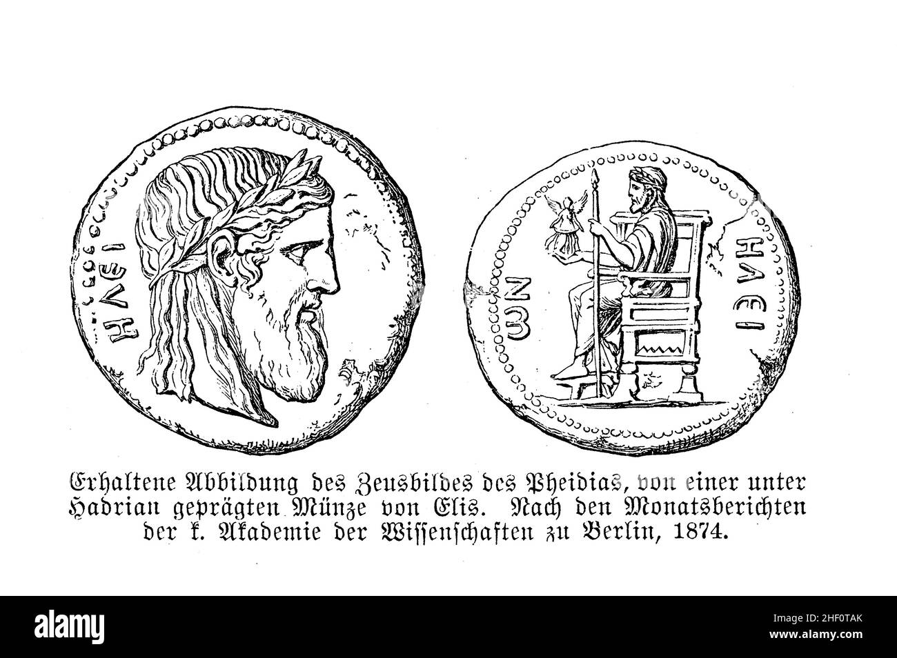 Moneta con Dio Zeus testa e ritratto dalla regione greca degli Elis sotto il regno dell'imperatore romano Adriano, II secolo Foto Stock