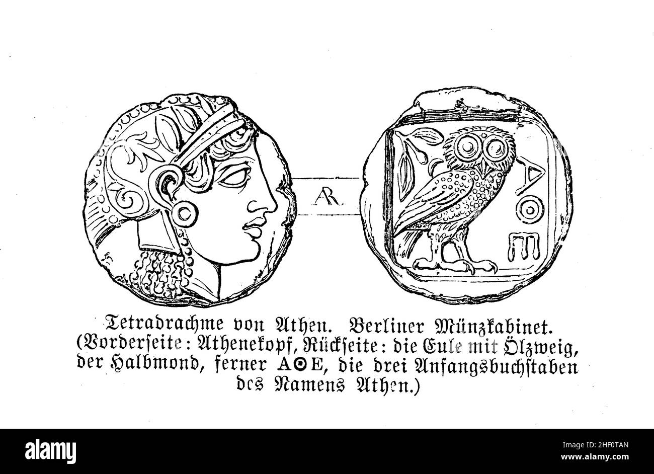 Tetradrachm moneta d'argento greca antica con la testa della dea greca Atena e il suo simbolo il gufo Foto Stock