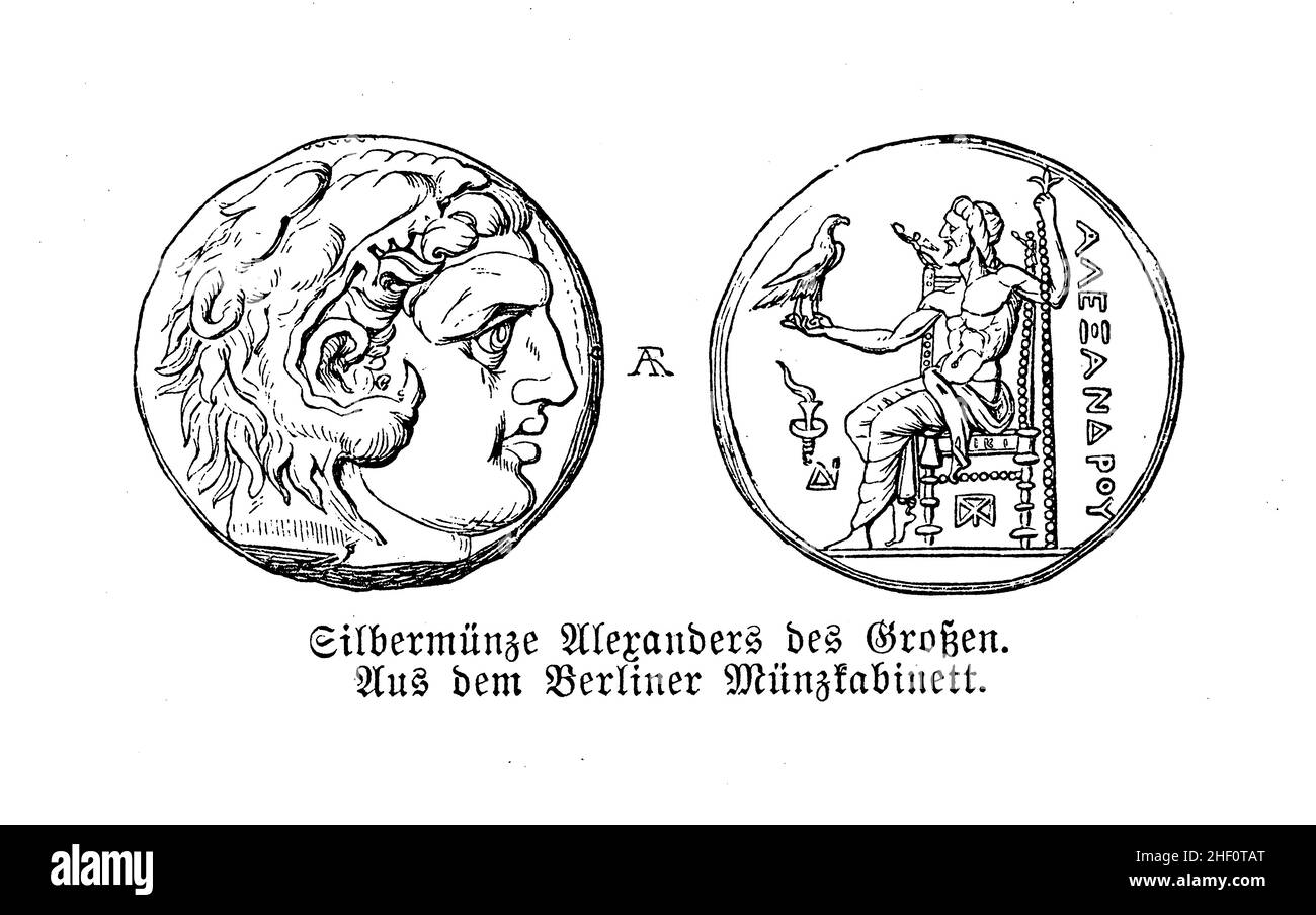 Antica moneta d'argento greca con la testa di Alessandro Magno e il dio Zeus Foto Stock