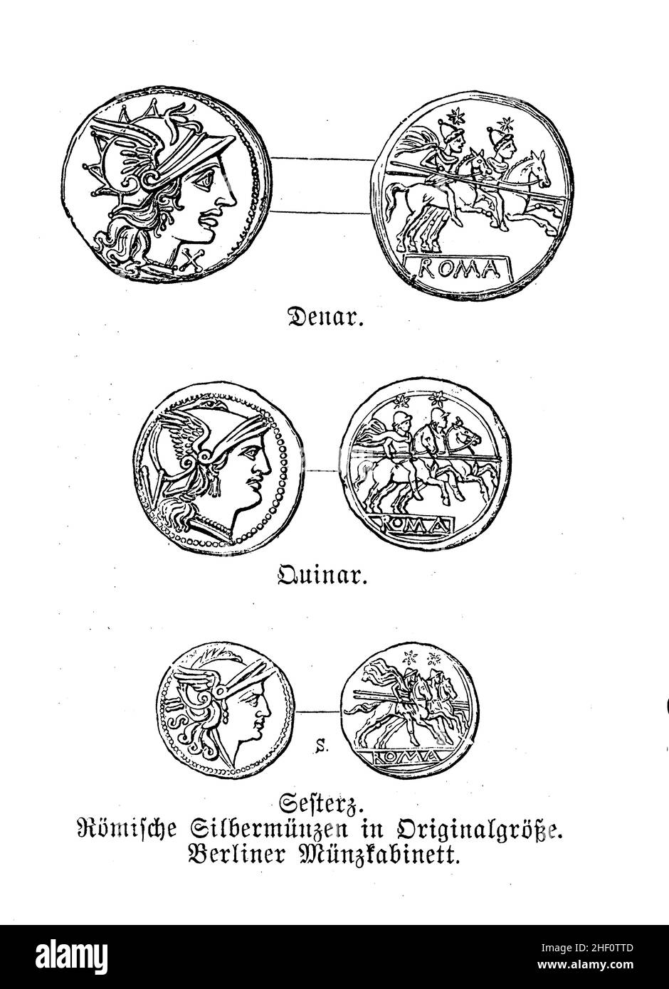 Monete d'argento romane antiche: Denarius, chinarius e sedertius Foto Stock