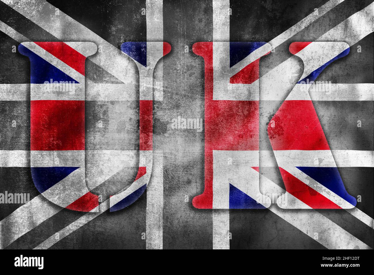 Illustrazione di un banner a colori per il Regno Unito su una bandiera a grunge in bianco e nero, Symbol of United Kingdom Foto Stock