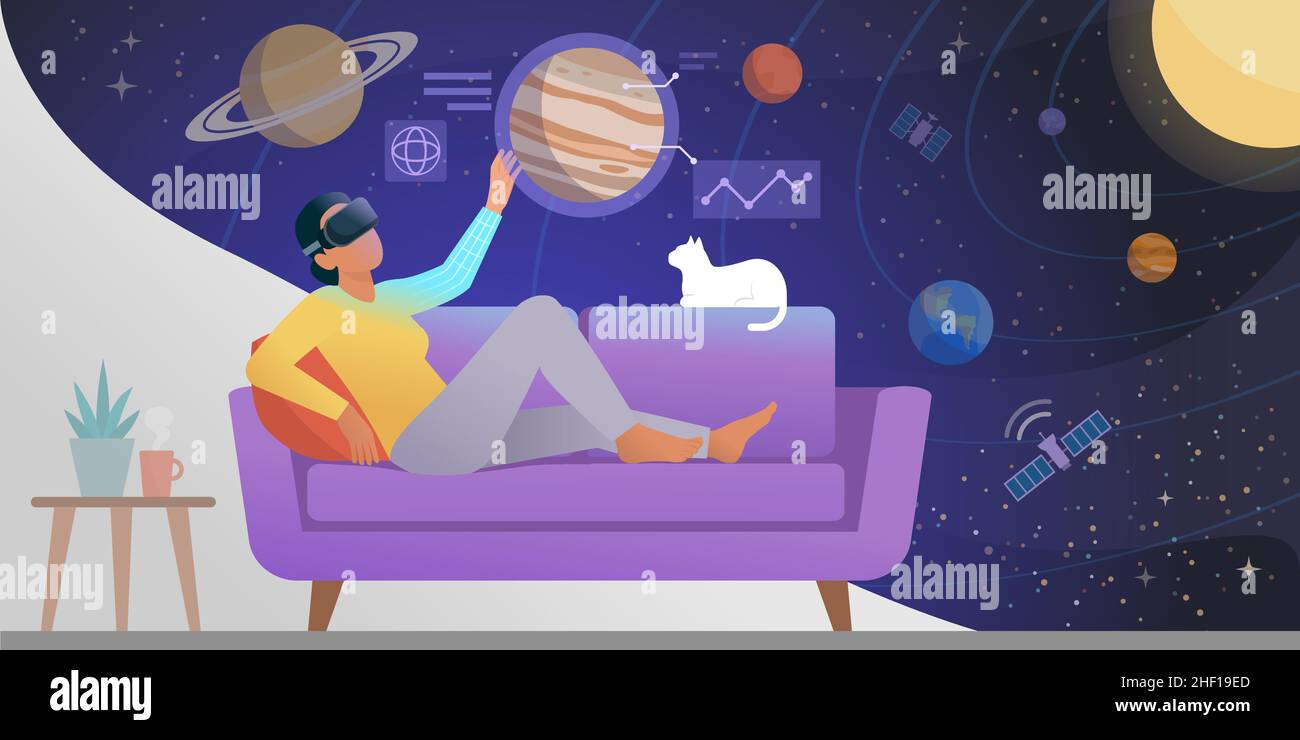 Donna sdraiata sul divano a casa e che interagisce con la realtà virtuale utilizzando un visore VR Illustrazione Vettoriale