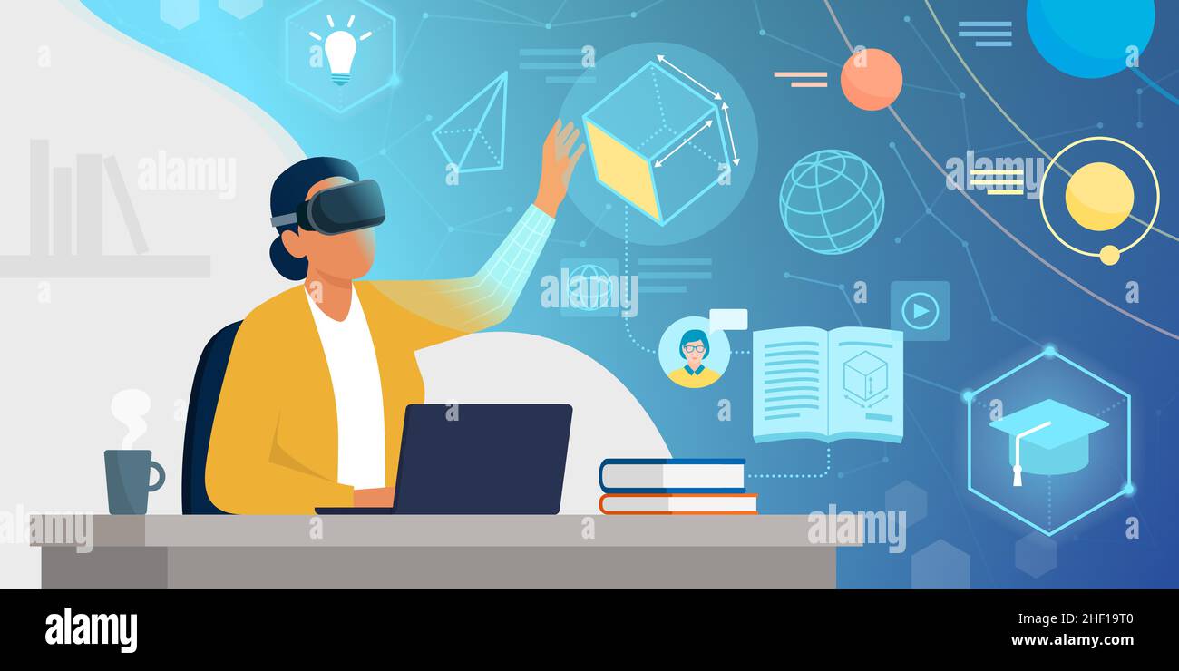 Studentessa accademica seduta alla scrivania e che interagisce con la realtà virtuale, indossa un visore VR e impara nella metaversa Illustrazione Vettoriale