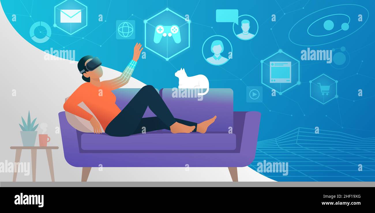 Donna sdraiata sul divano a casa e che interagisce con la realtà virtuale utilizzando un visore VR Illustrazione Vettoriale