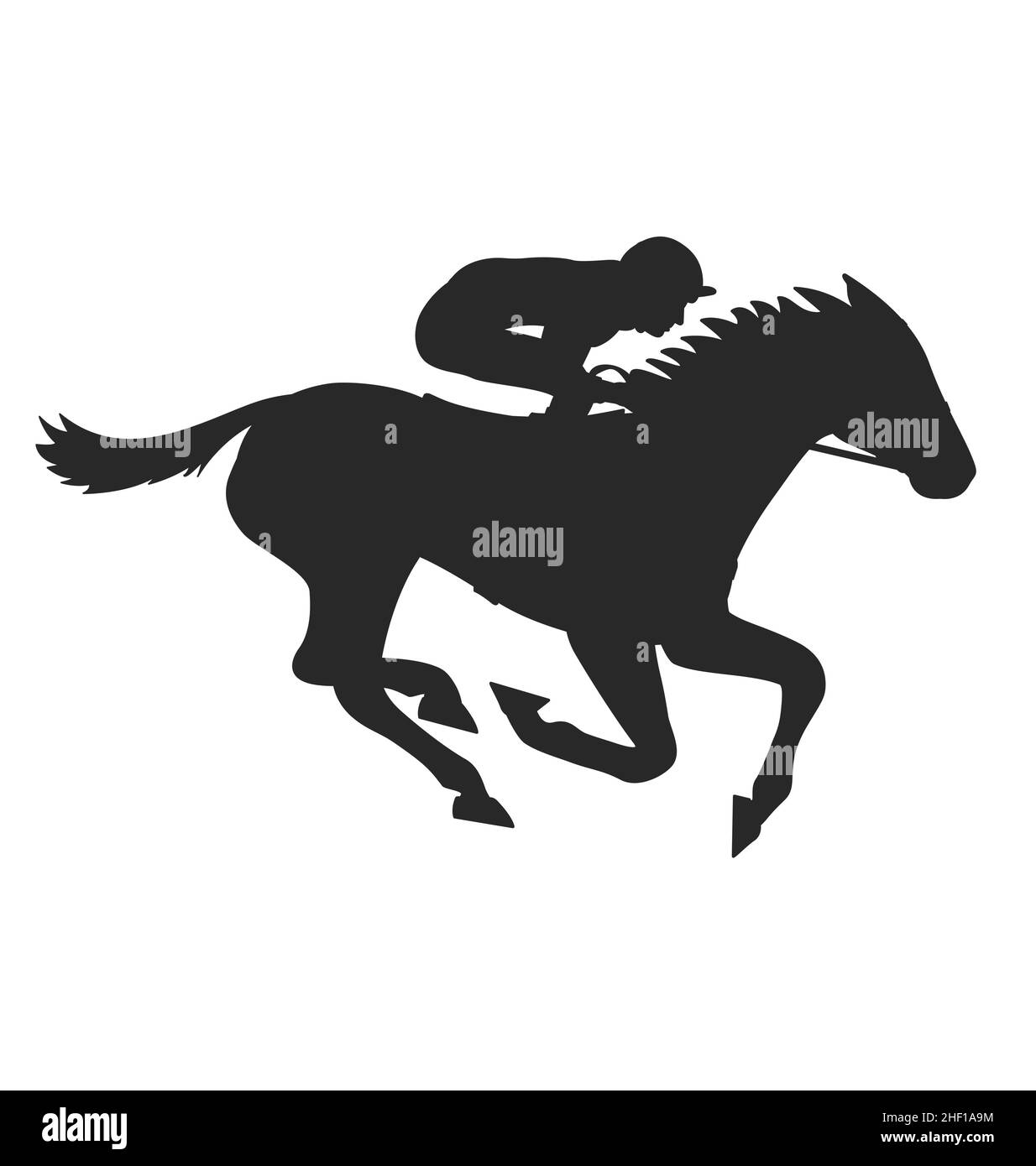 cavallo da corsa galoppante con silhouette di jockey vista laterale vettore isolato su sfondo bianco Illustrazione Vettoriale