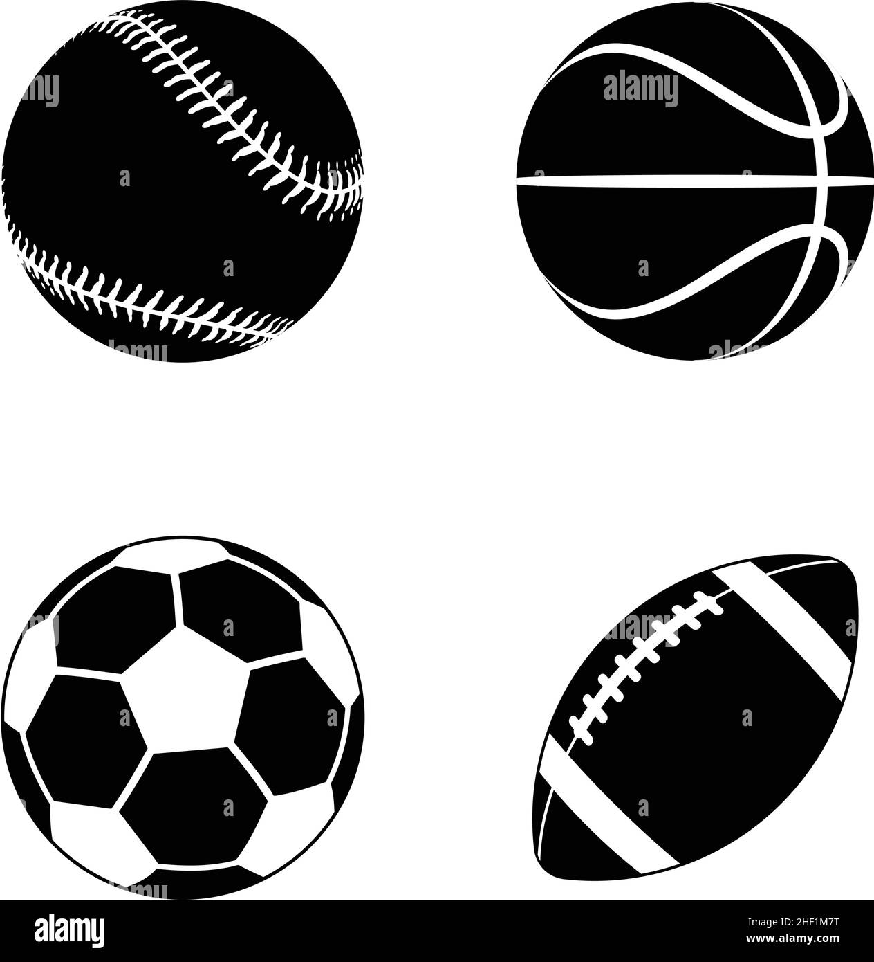 varie cartoon stilizzato american sports palle baseball basket calcio football gridiron silhouette vettoriale icona set isolato su sfondo bianco Illustrazione Vettoriale