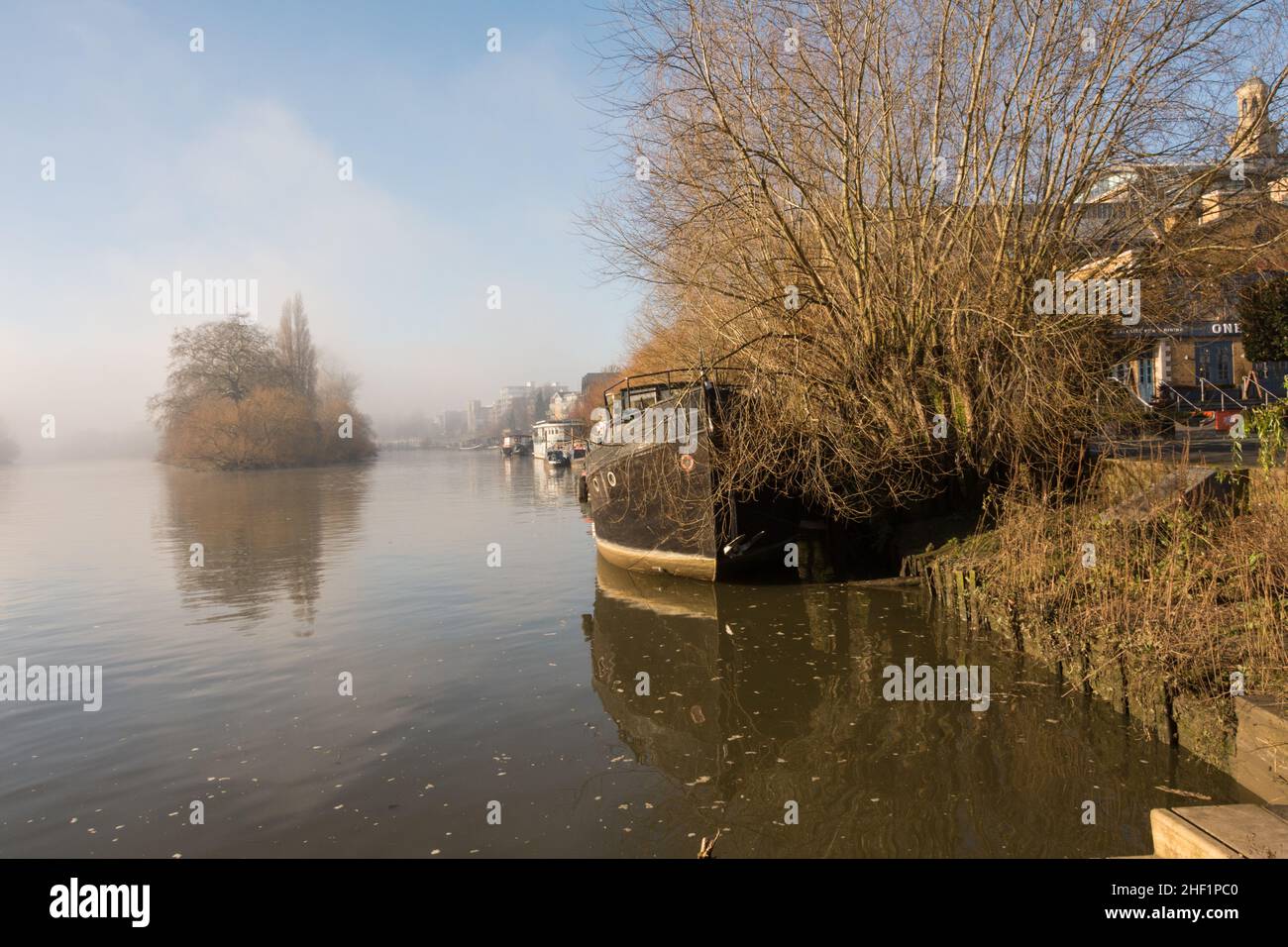 Case galleggianti sul Tamigi sotto Kew Bridge, Hounslow, Middlesex, Londra, Regno Unito Foto Stock