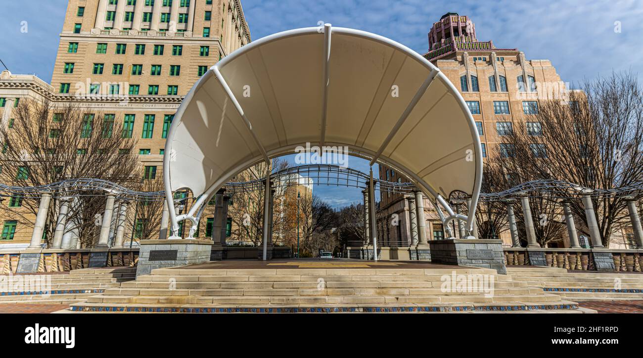 Pack Square e il quartiere storico, Ashville, Carolina del Nord, Stati Uniti Foto Stock