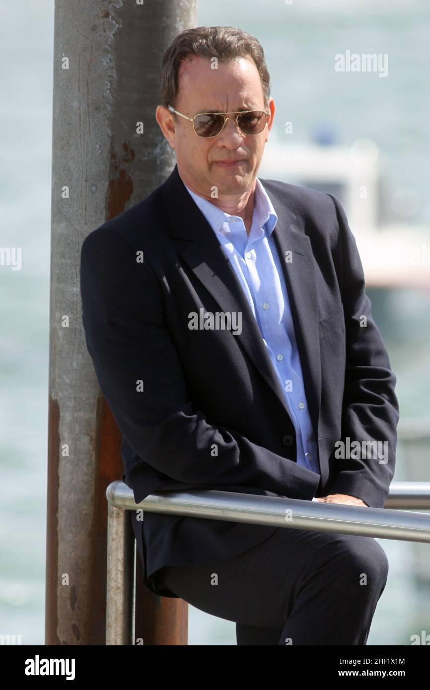 Tom Hanks durante le riprese di 'Inferno' di Ron Howard a Venezia, Italia, 28 aprile 2015 Foto Stock
