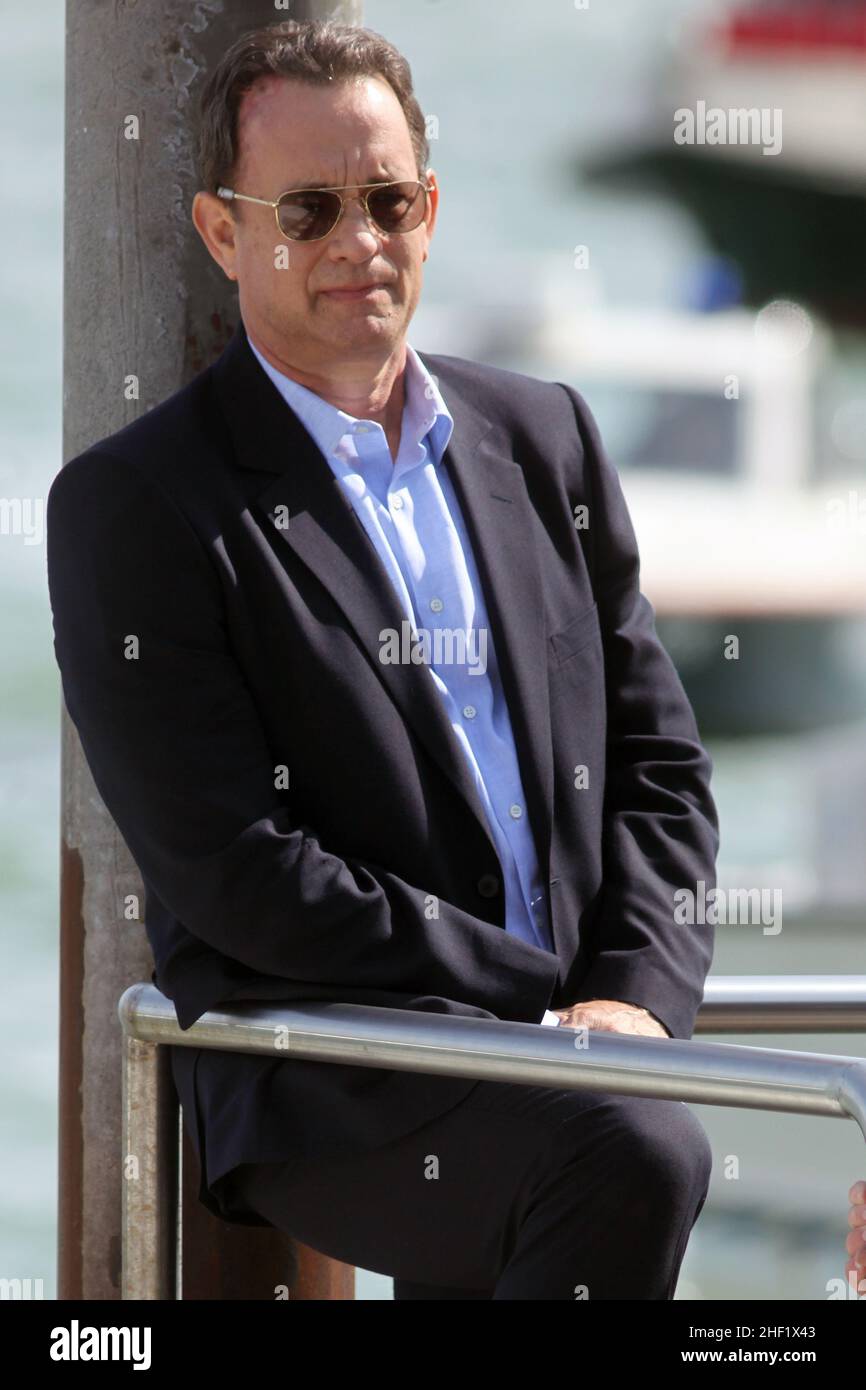 Tom Hanks durante le riprese di 'Inferno' di Ron Howard a Venezia, Italia, 28 aprile 2015 Foto Stock