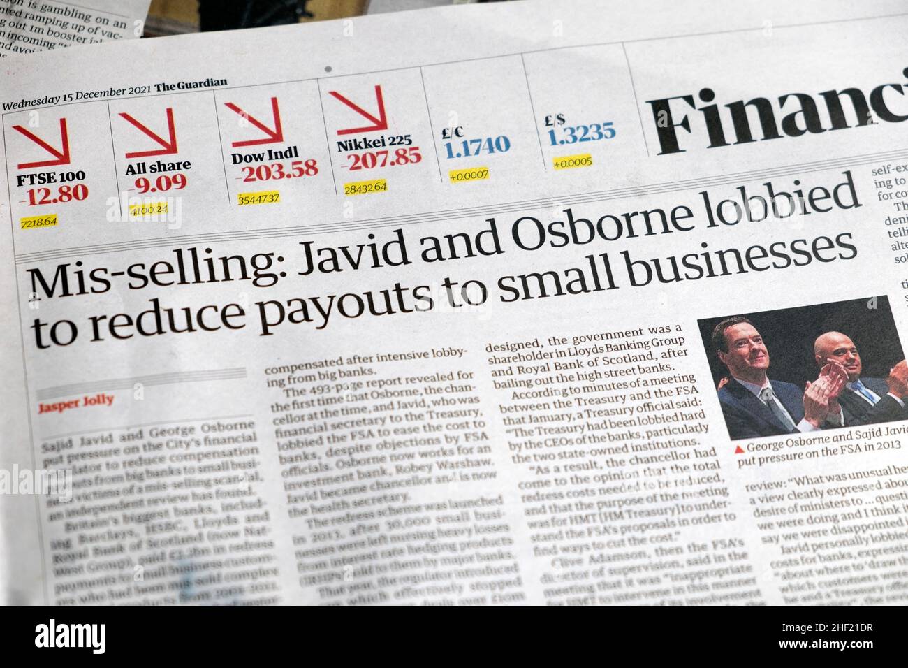 'Svendendo: Javid e Osborne hanno fatto pressioni per ridurre i pagamenti alle piccole imprese' Financial Guardian giornale titolo 15 dicembre 2021 a Londra UK Foto Stock