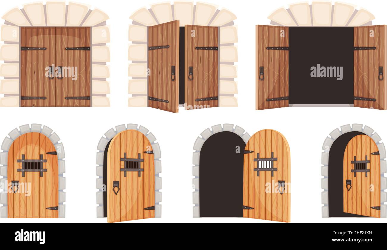 Porte medievali aperte e chiuse, vecchio cancello del castello, porta sotterranea. Porta di prigione in legno cartoon, antica città ingresso porte vettore set. Arco in pietra per ingresso al palazzo storico o al regno Illustrazione Vettoriale