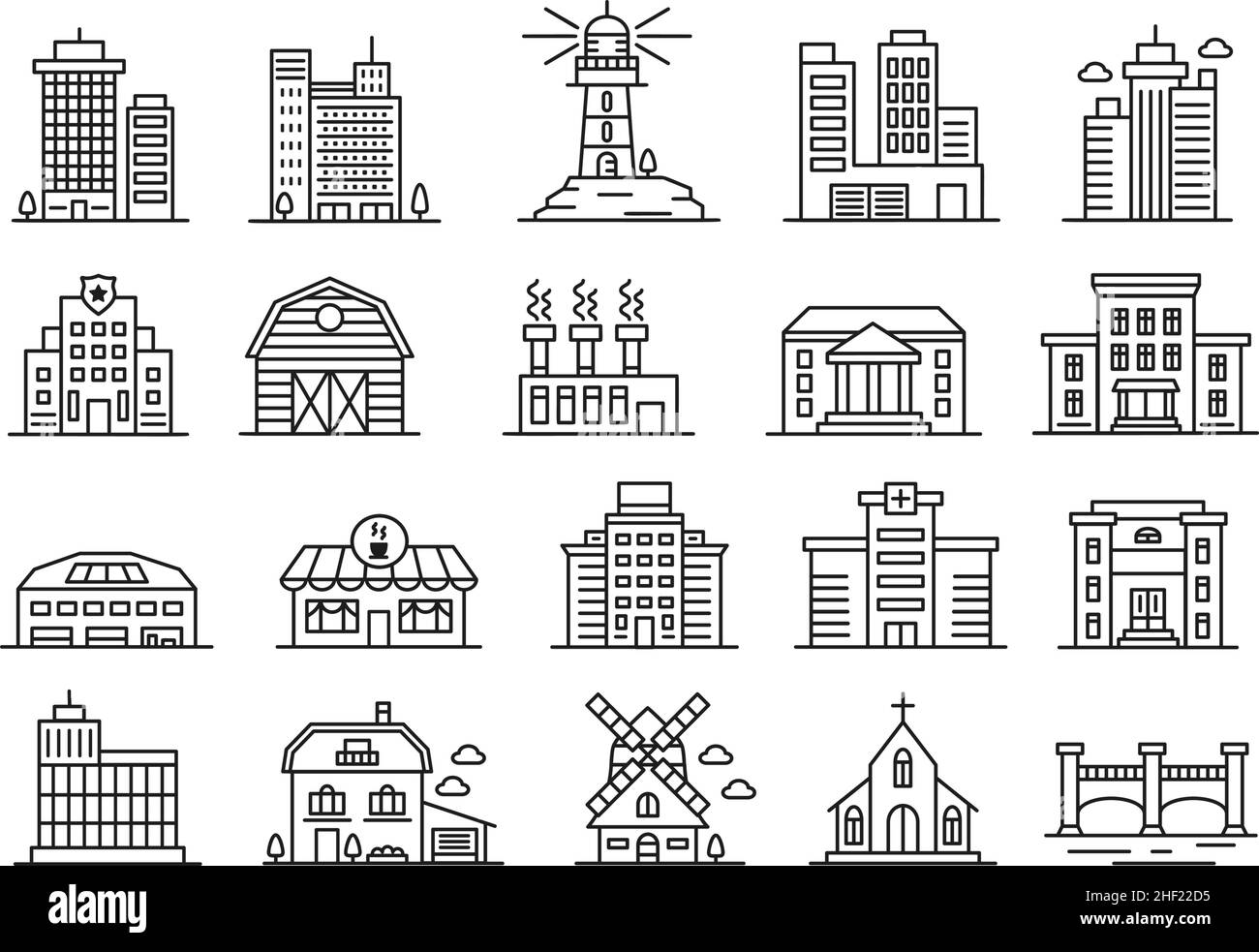 Icone della linea di costruzione, casa di governo, fabbrica, edifici di uffici della città. Architettura residenziale ed industriale, insieme vettoriale di edifici urbani. Appartamenti, piante ed edifici commerciali Illustrazione Vettoriale