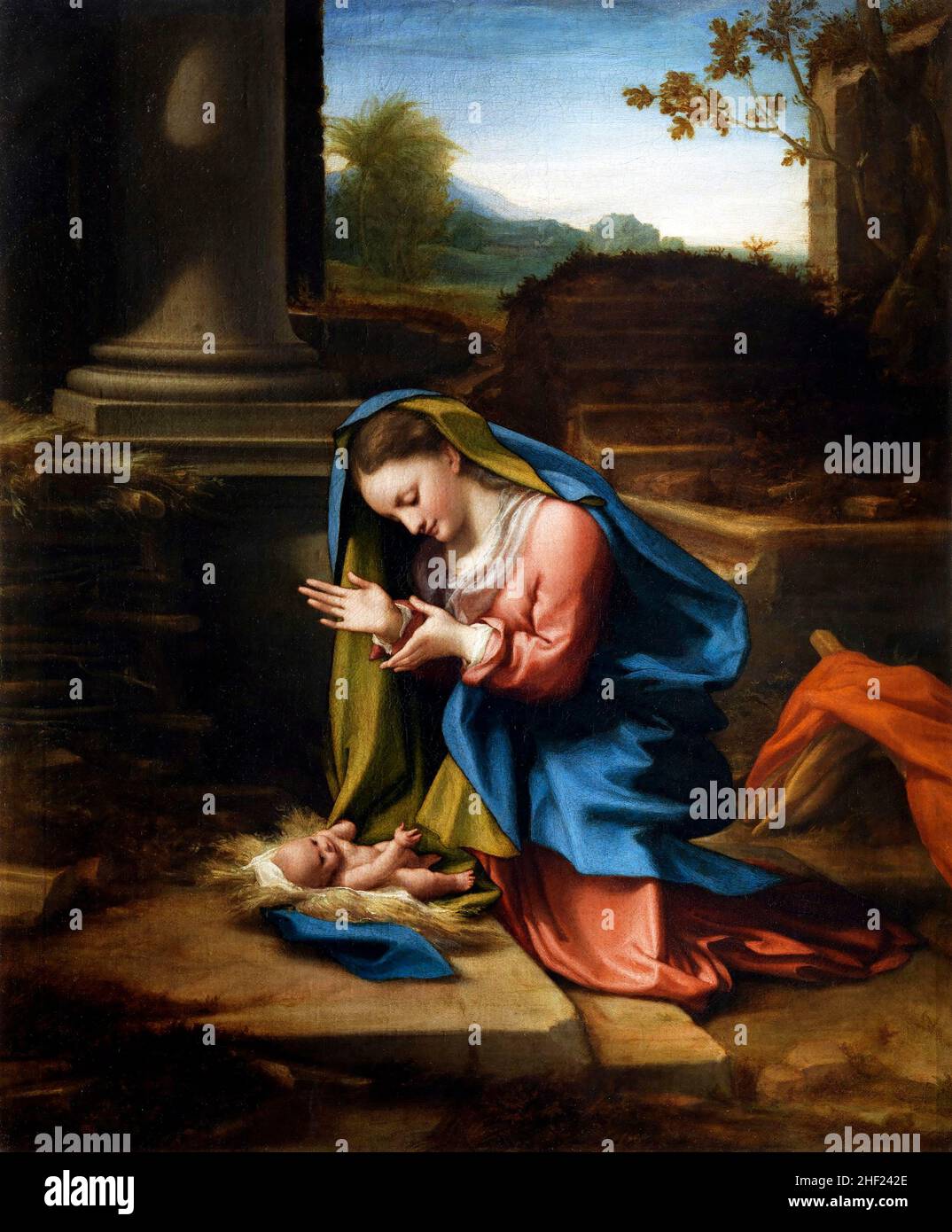 Adorazione del Cristo Bambino di Correggio (Antonio Allegri da Correggio, 1489-1534), olio su tela, c.. 1518-20 Foto Stock