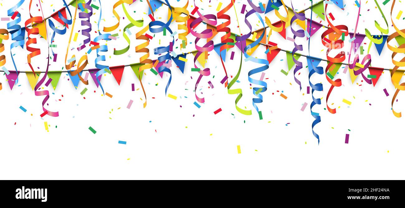 Illustrazione vettoriale di seamless coriandoli colorati, ghirlande e streamers su sfondo bianco per party o utilizzo di carnevale Illustrazione Vettoriale