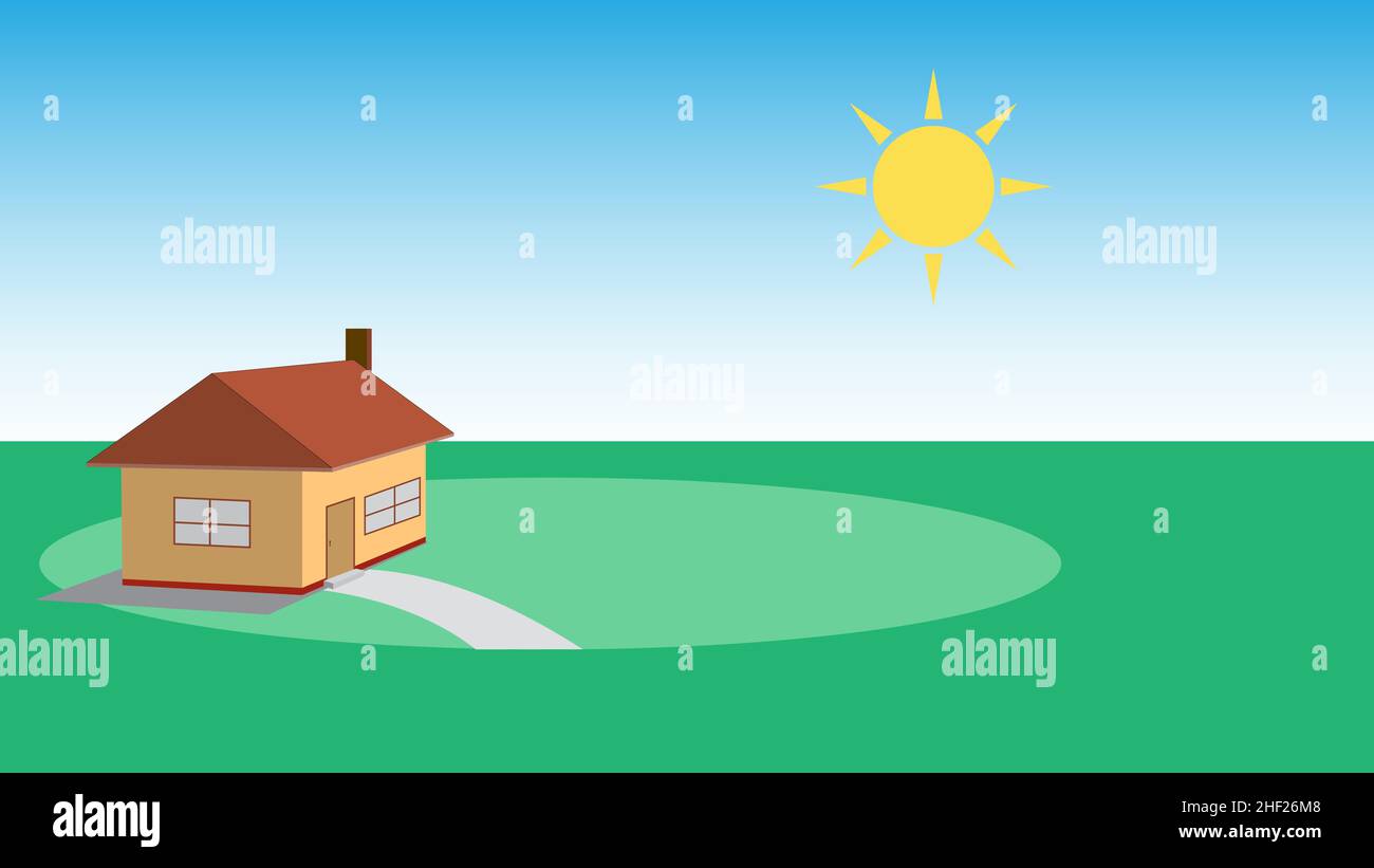 Casa su un campo aperto con cielo e sole - Illustrazione vettoriale Illustrazione Vettoriale