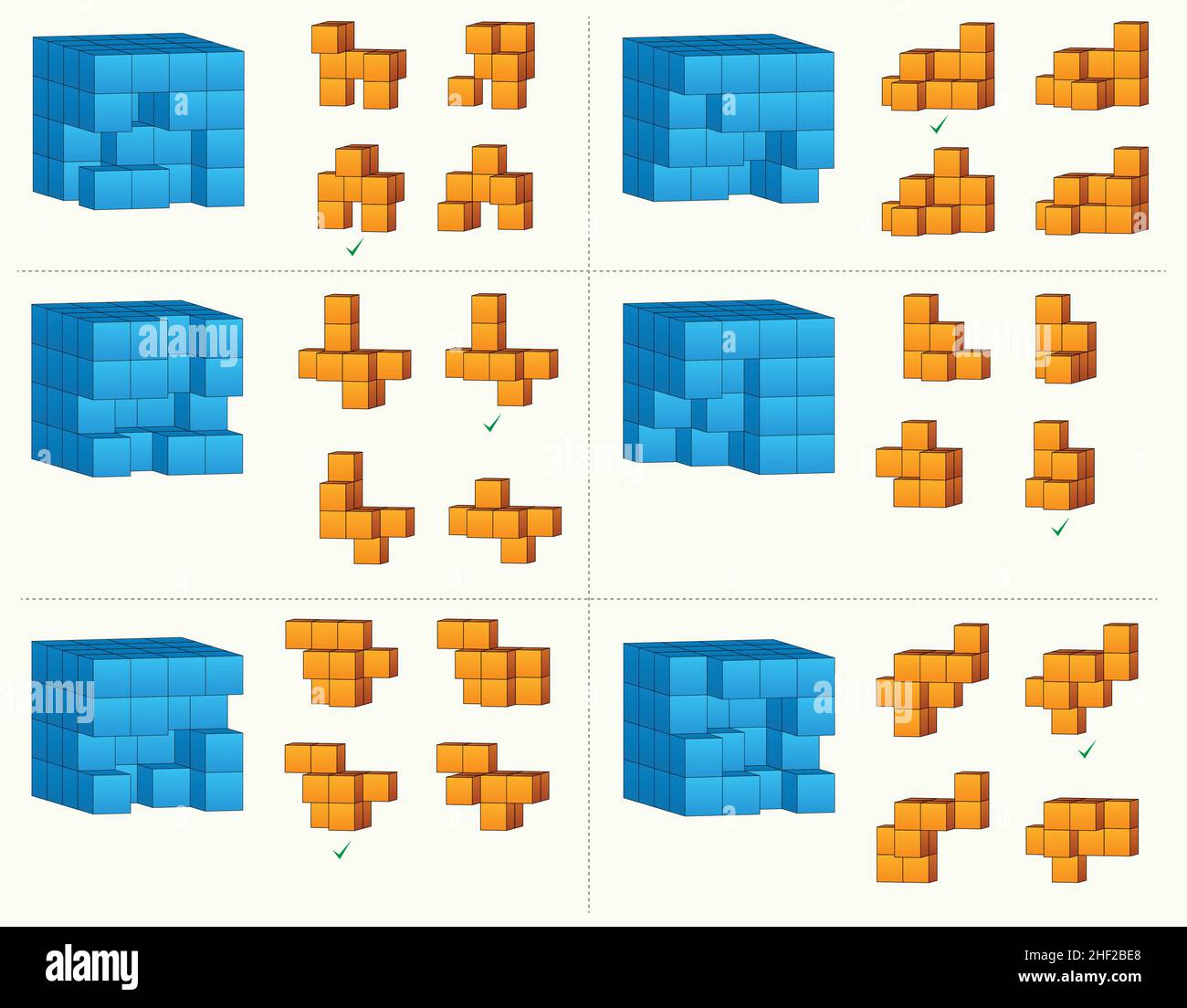 quale set di cubi corrisponde alla parte mancante dell'oggetto a sinistra? Illustrazione Vettoriale