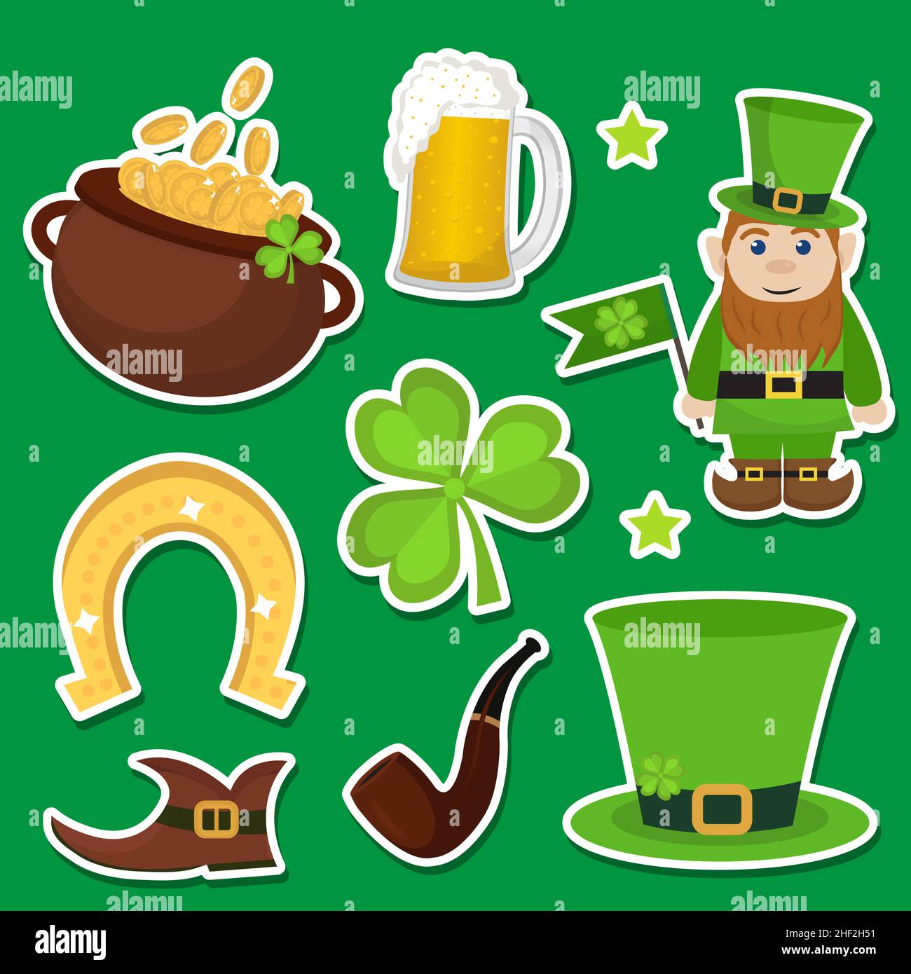 San Patricks Day Set oggetti. Pentola di monete d'oro, shamrock, cappello verde e ferro di cavallo. Illustrazione vettoriale Illustrazione Vettoriale
