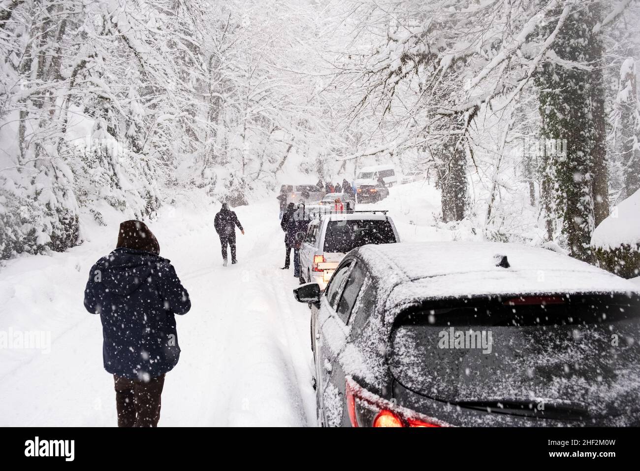 Russia, 4 gennaio 2022. Ingorghi di traffico in nevicate pesanti su strada di montagna e foresta Foto Stock