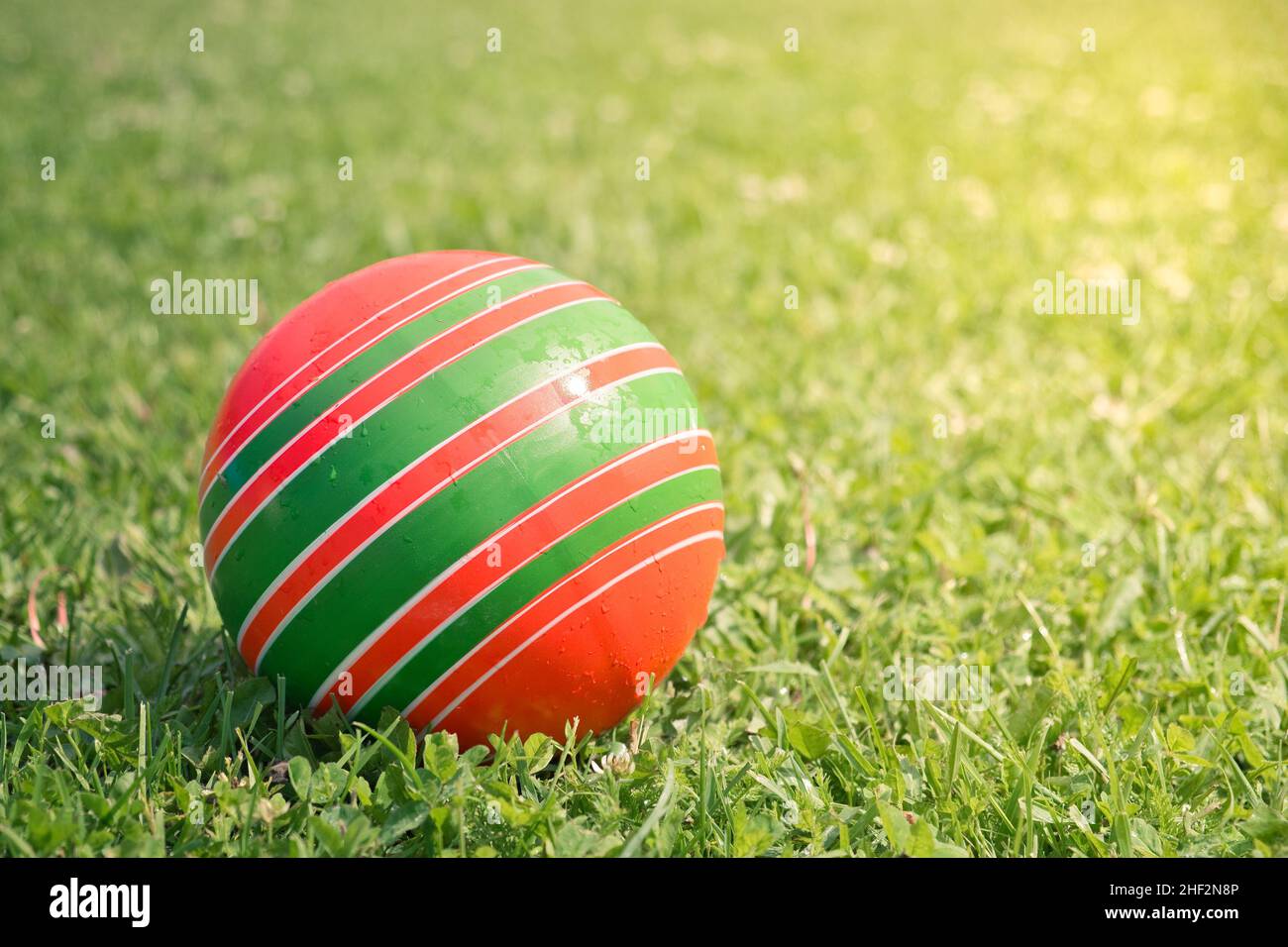 Primo piano della sfera di gomma dei bambini singoli multicolore su erba verde brillante. Giochi estivi. Concetto di infanzia. Foto Stock