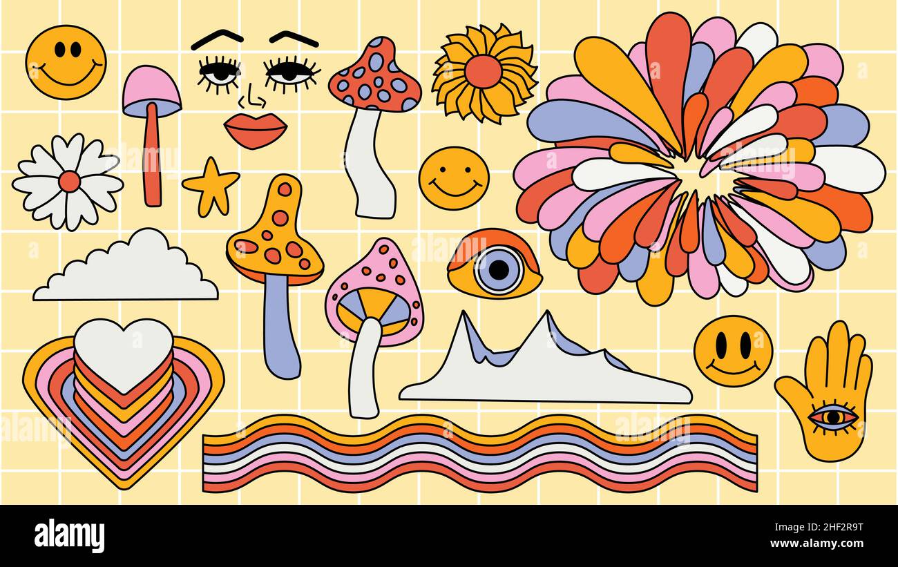Set di hipster retrò cool elementi psichedelici. Una raccolta di clipart grovy dal 70s. Tratto modificabile. Disegno astratto di adesivi cartoni animati Illustrazione Vettoriale